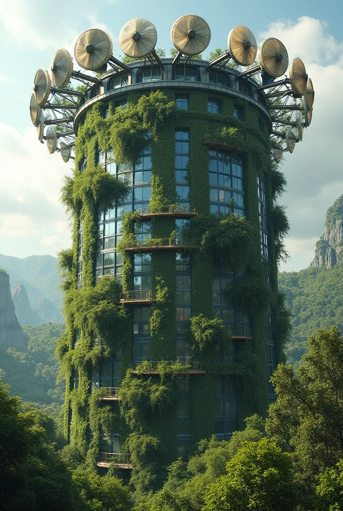 Strange, cylindrical building, adding nature, with overhead fans all around