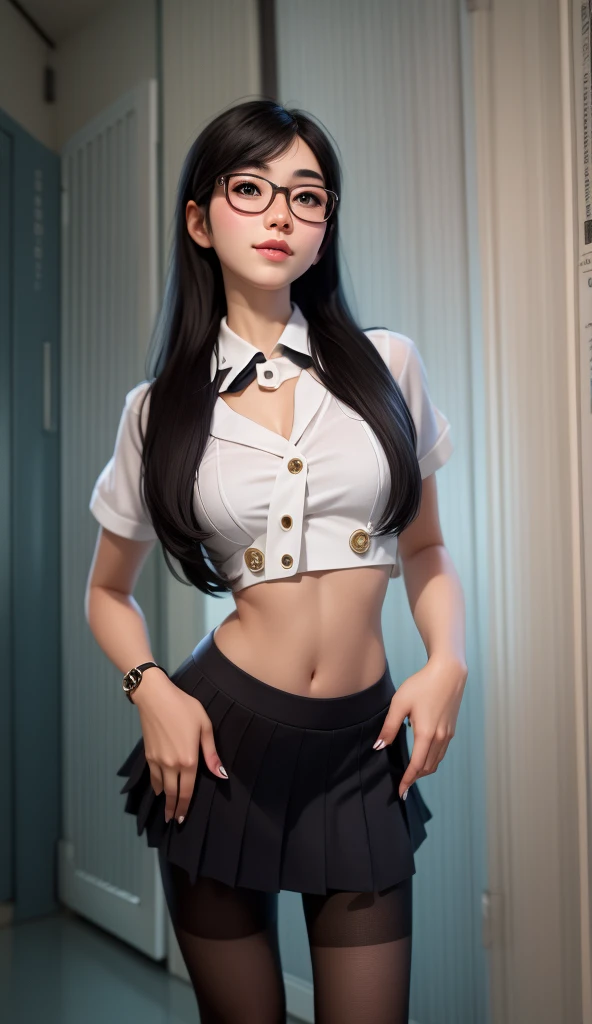 a close up of a woman in a short skirt and glasses, korean girl, gorgeous chinese model, wearing a sexy cropped top, very sexy outfit, hyperrealistic schoolgirl, sexy look, a hyperrealistic schoolgirl, sexy outfit, sexy pose, sexy style, dressed as schoolg...