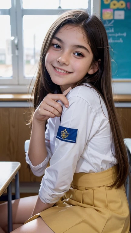   full body image, ,   thirteen years old    ,    with a face with soft European features   ,     smiling,      wearing school uniform  ,  Leaning against the table  ,   classroom,    holding an ice cream cone,  , thirteen years old,  with back to the obse...