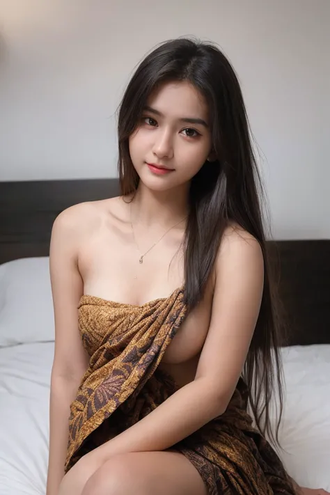 1 Girl, Beautiful, Baby Face, 20 Years Old, White Skin,   , Skinny, bare shoulder , sitting on bed  ,1girl, long messy hair, black eyes, (( batik sarong )), full body, sweaty, absurdres, high res, ultrasharp, 8K, masterpiece, looking at viewer   ,  Grey Ha...