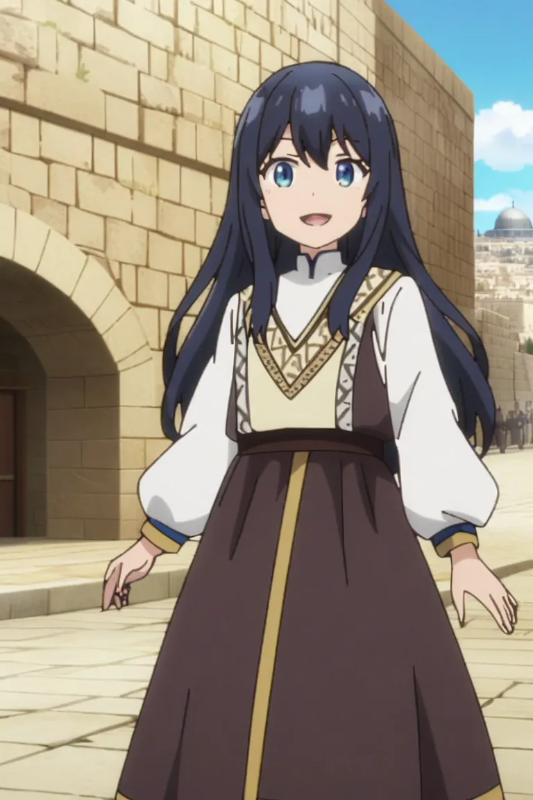 anime_source, anime_screencap, shizuka_wz,loli,long hair, dark blue hair, blue eyes, Jewish_clothes, Jerusalem_City, Blue Sky, Vehicle, Israel Flag, Looking At Viewer,Smile, Open Mouth, Looking at viewer