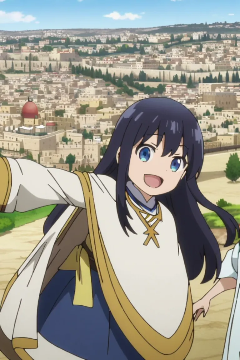 anime_source, anime_screencap, shizuka_wz,loli,long hair, dark blue hair, blue eyes, Jewish_clothes, Jerusalem_City, Blue Sky, Vehicle, Israel Flag, Looking At Viewer,Smile, Open Mouth, Looking at viewer