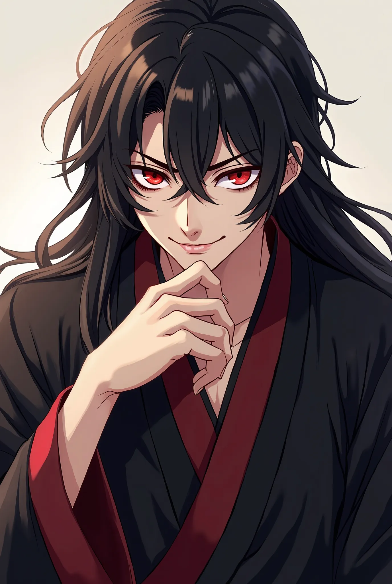  A chinese handsome youngman with a pair of red dangerous eyes, wore a ancient Chinese robe, hanfu of black which is a demonic cultivator. A long silk black hair with soft feature of face. One of his hands supporting his chin with his mischievous smirk. Th...