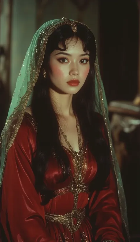 A Malay Princess Mayang Mawar. Deep Red modest attire with green silk scarf. Alluring yet mysterious, with a beautiful face. 80s film still