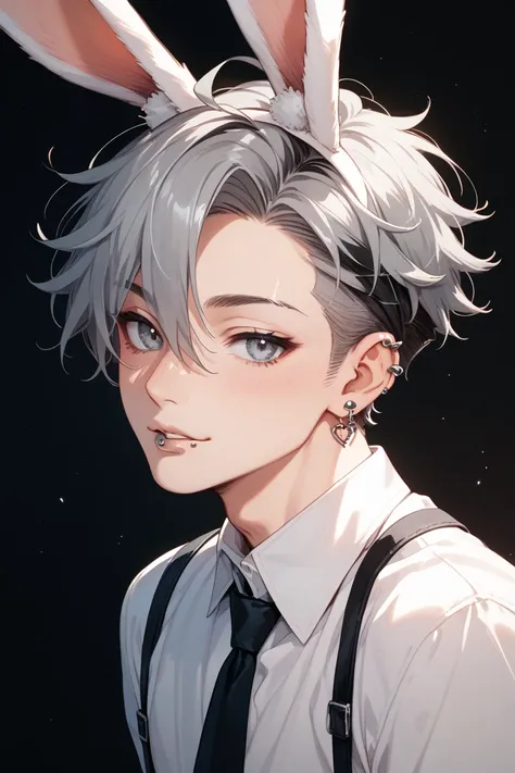  bunny boy　 anime style　 lip piercing　Rabbit ears are black　Gray Hair　Ear-piercing beak