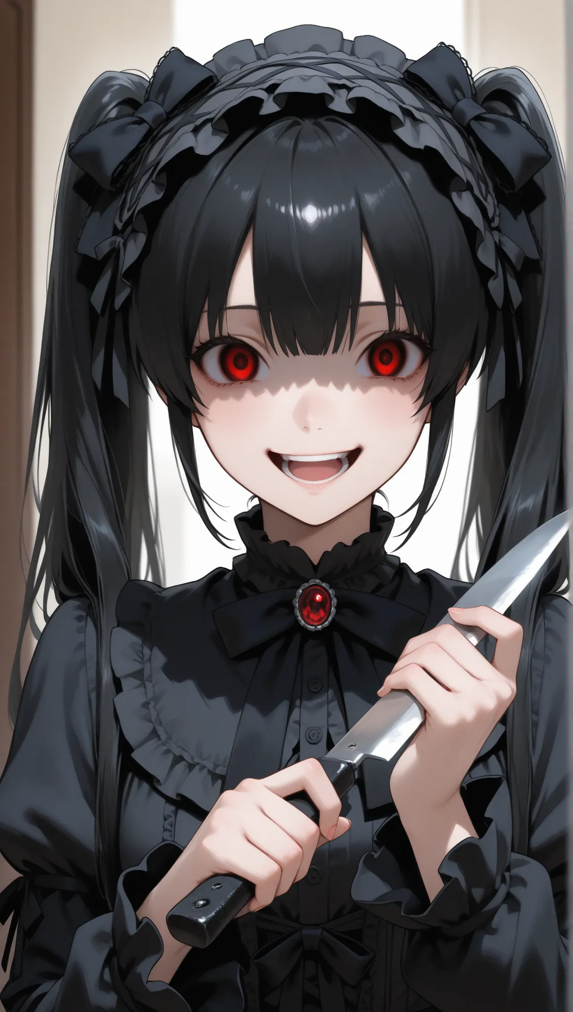  black hair　twin tails　outsider style　 red eyes　 Gothic Lolita　 expressionless　 black clothes　 girl　laughing with its mouth open　 yandere　mad Men　Brandishing a knife