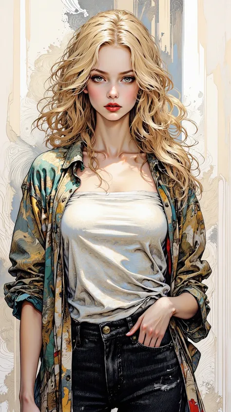 Detailed depiction of a slender blonde woman，Having green eyes，Wearing stylish high-waisted black jeans and an oversized shirt，Exuding a fashionable vibe，Light makeup with red lipstick。