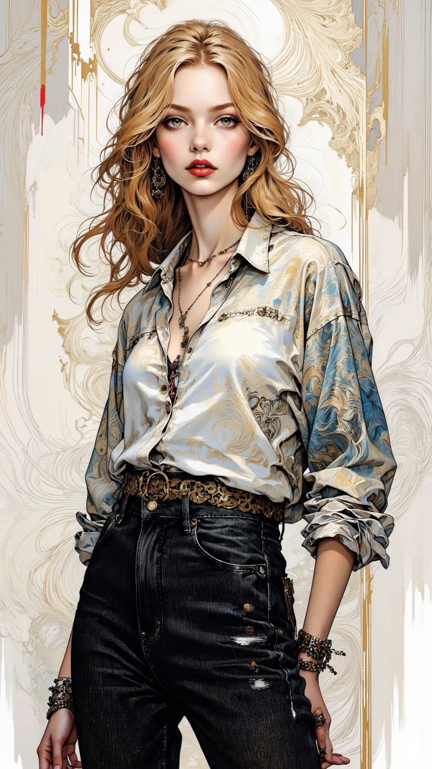 Detailed depiction of a slender blonde woman，Having green eyes，Wearing stylish high-waisted black jeans and an oversized shirt，Exuding a fashionable vibe，Light makeup with red lipstick。