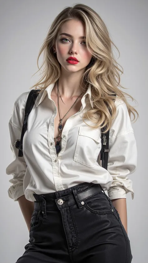 Detailed depiction of a slender blonde woman，Having green eyes，Wearing stylish high-waisted black jeans and an oversized shirt，Exuding a fashionable vibe，Light makeup with red lipstick。