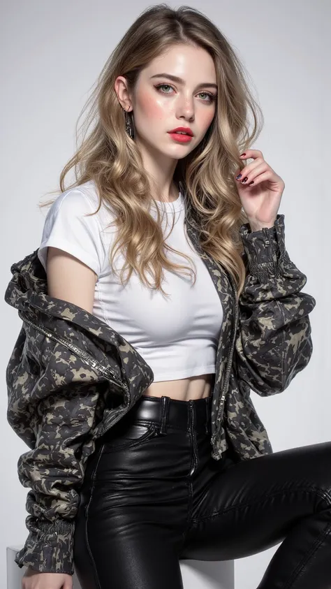 Detailed depiction of a slender blonde woman，Having green eyes，Wearing stylish high-waisted black jeans and an oversized shirt，Exuding a fashionable vibe，Light makeup with red lipstick。