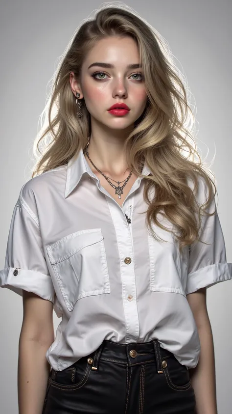 Detailed depiction of a slender blonde woman，Having green eyes，Wearing stylish high-waisted black jeans and an oversized shirt，Exuding a fashionable vibe，Light makeup with red lipstick。