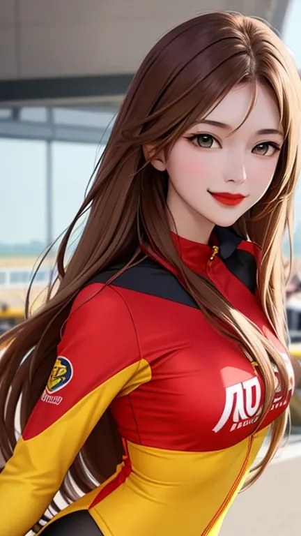 woman , long hair golden brown, normal, she is solo, from alternative world ,best quality, realistic, cycling (full red yellow) suit and cycling sports black shorts, she is stand , smile, red lipstick , 