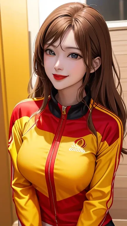 woman , long hair golden brown, normal, she is solo, from alternative world ,best quality, realistic, cycling (full red yellow) suit and cycling sports black shorts, she is stand , smile, red lipstick , 