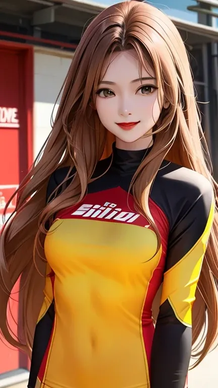 woman , long hair golden brown, normal, she is solo, from alternative world ,best quality, realistic, cycling (full red yellow) suit and cycling sports black shorts, she is stand , smile, red lipstick , 