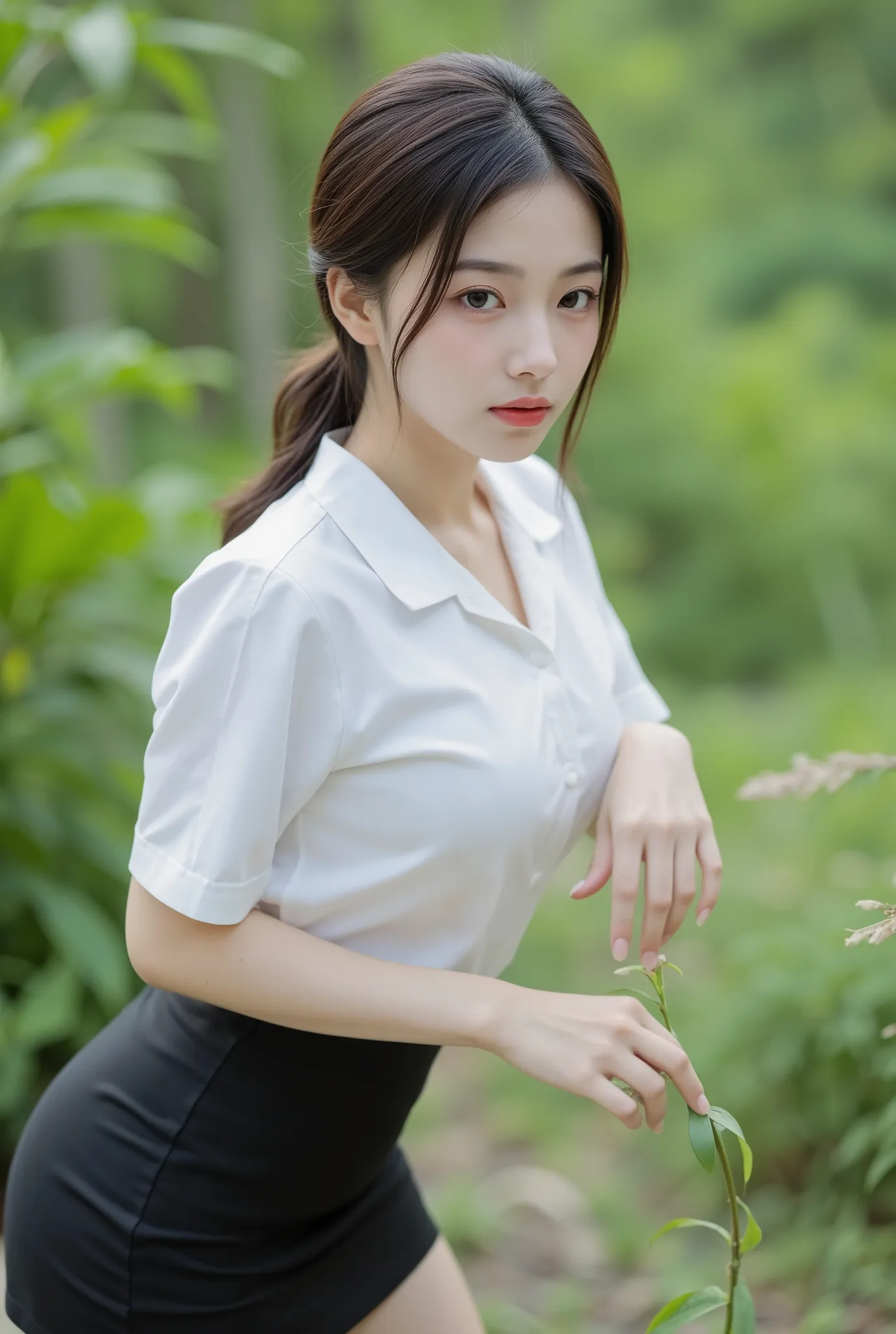 with dark brown hair tied at the back、A breathtakingly beautiful woman ,  slender figure , And slender eyes　she wears a Nishit costume, with a white short-sleeved collared shirt、black pencil miniskirt that fits her body properly tucked in、wears a stylish b...