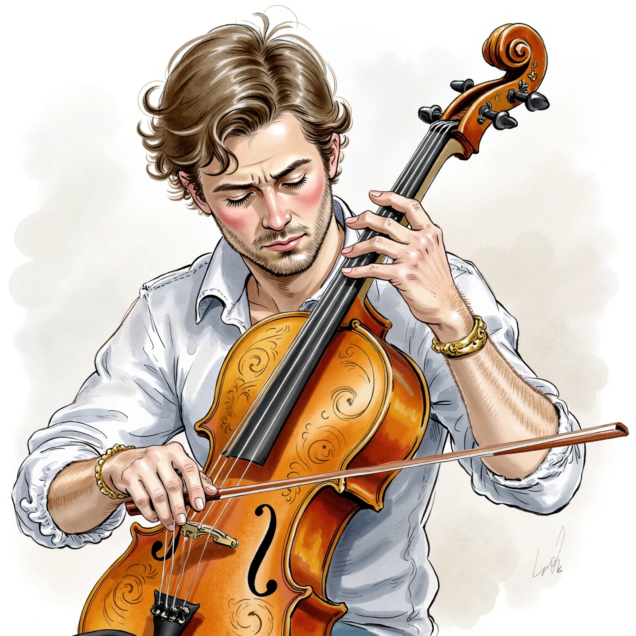   A man playing a big golden brown violin (close up short) 


water color illustration, no background