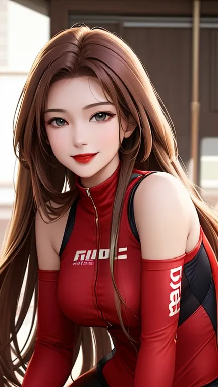 woman , long hair golden brown, normal, she is solo, from alternative world ,best quality, realistic, cycling (full dark red) suit and cycling sports black shorts, she is stand , smile, red lipstick , 