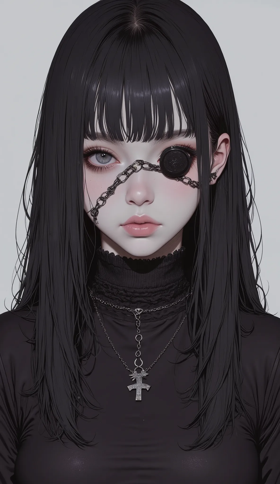 Bandage on the face、An unfriendly woman with a bandage on her face,  album cover inspired by Len May, Tumbler,  self destructive art, wearing an Eye patch,   Realistic Cosplay  , mixing anime style and Fujifilm,  anime girl cosplay, Eye patch,  1  anime go...