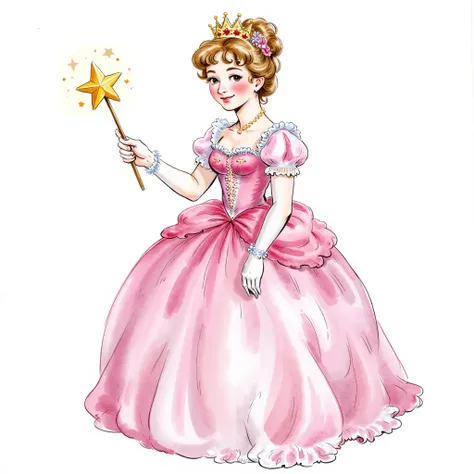 A princess wearing a pink colour ball gown holding a wand with a sparkling star on the tip of the wand

water color illustration, no background