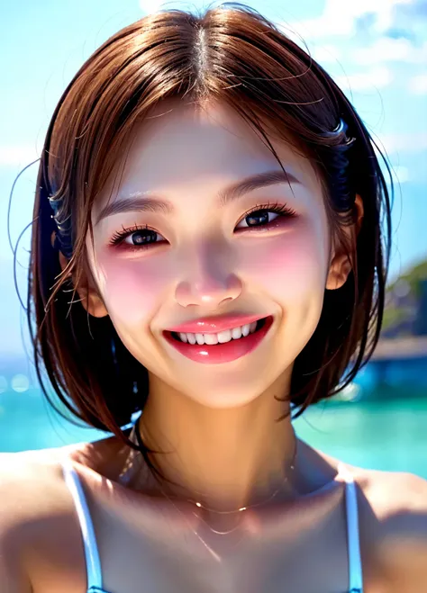 cute、smile、sea、 bikini、 backlit、白い bikini、 the eye that seems to be sucked in 、 plump shiny lips 、 beautiful face、 lively face、Glowing Lips、 lip gloss、