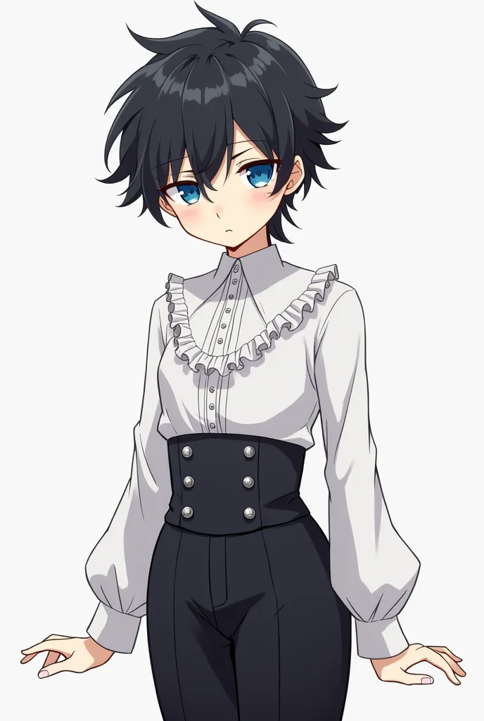 Boy wearing a white long-sleeved blouse with a ruffled collar and black pants with a high-waisted corset-style belt. The pants have buttons down the sides. 19 years old,black fluffy hair,blue eyes.Anime style,thin.