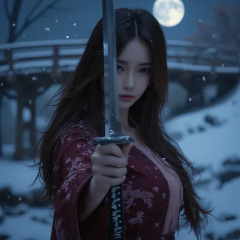 A cinematic close-up of a woman standing in a defensive posture, holding a katana horizontally in front of her face. Her right hand grips the hilt tightly near the guard, while her left hand supports the blade closer to the base, both hands steady and pois...