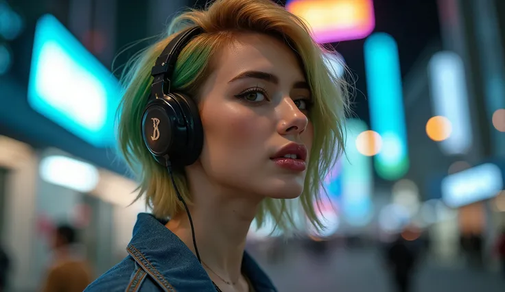 whole body、low angle、Denim jacket、 beautiful collarbone 、美しいprofile、The best photos for TikTok、gold and green hair 、 sink、profile、 green inner color hair、Short Hair、Beauty、 dynamic angle、ヘッドフォンをしているBeauty、 night city background with neon lights