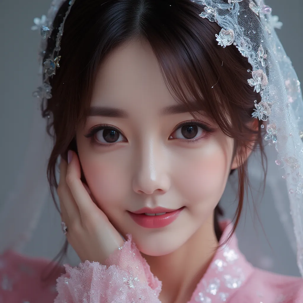 Close up portrait.A mesmerizingly enchanting beautiful East-Asian woman with bangs, gazes out, with eyes that seem to draw you in. she is joyfully smiling. This composite photograph captures a surreal blend of fantasy and reality. She is adorned in luxurio...