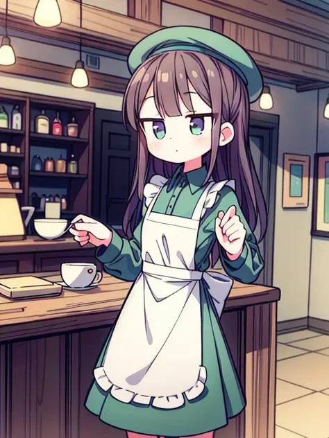 ((True best masterpiece, Ultimately perfect quality, Extremely delicate details)), A slender girl with flat chest, Employee of a cafe, Wearing an uniform of the cafe, (Dress shirt, Skirt, Green apron, Hunting hat)