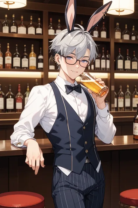  bunny boy　 suit　black rabbit ears　Gray Hair　I have so many piercings in my ears　 lip piercing　 counter to make alcohol　 counter to make alcohol越しにいる　At the bar　Stylish glasses　 black rimmed glasses　会社員が着ているような suit