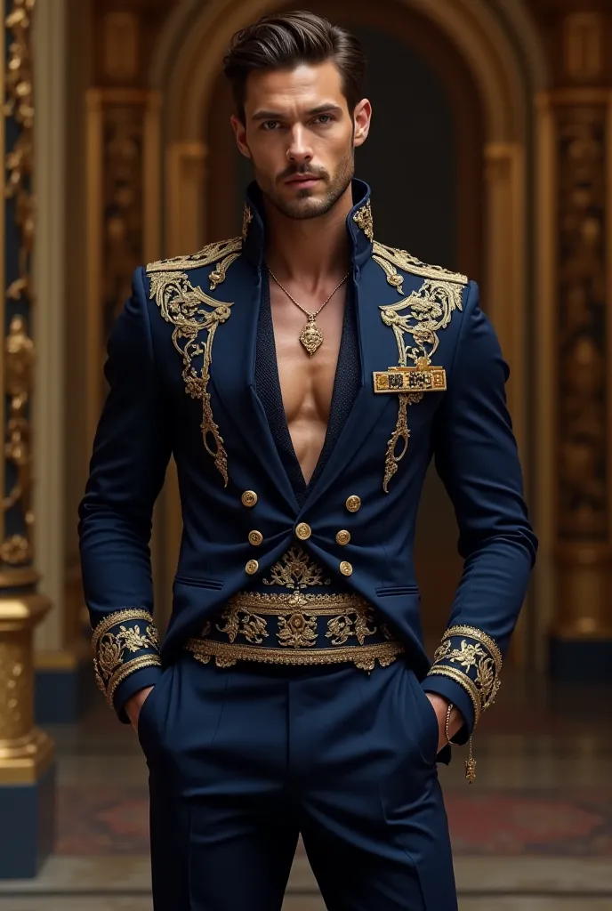 Create me a prince outfit that's bit revealing.colour navy blue and golden