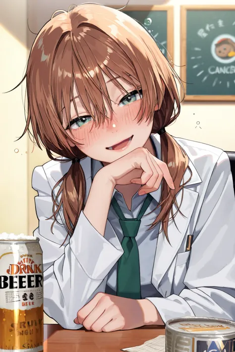  {{{masterpiece}}}, {{{best quality}}}, {{ultra-detailed}}, {illustration}, {{an extremely delicate and beautiful}}brown hair, hair between eyes, grey eyes, blue eyes, green eyes, shiny hair,, low twintails　bangs, , miyano shiho　middle　breast　intricate det...