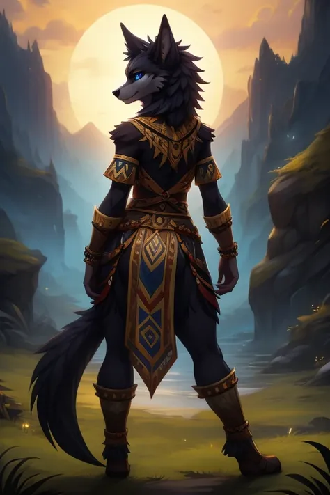 Furry,Female Wolfkin for the primordial , Dark Fur, blue eye, Back Wolf Tribe Clothing the primal Set