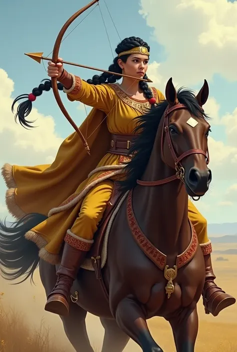 the Hunnic princess has black hair braided in two braids, it rides on a brown horse, wears a gold forehead band with a square yellow gold element. The princess is wearing a long yellow knee-length shirt with red ornaments on the sleeves along the edges and...