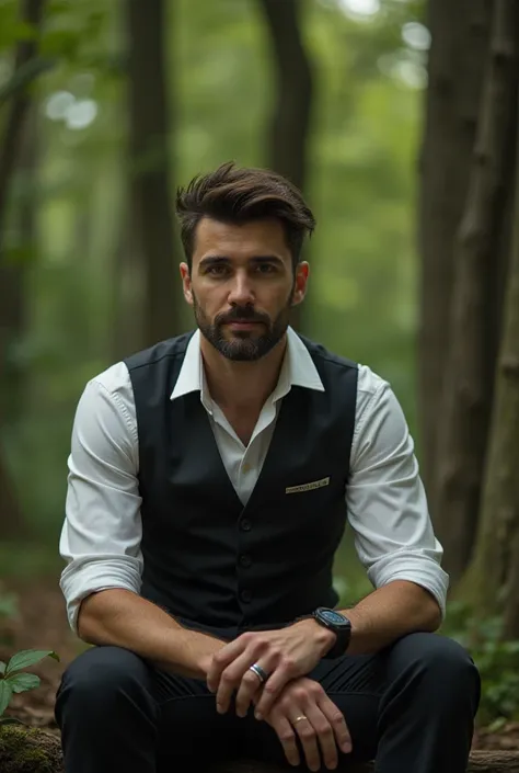 he is sitting in a thick forest and wearing a smart shirt, he is attractive and behind him there is a range that is packed with a plate number with the logo of a freemason, he also has a t-shirt he is wearing and it is a freemason song