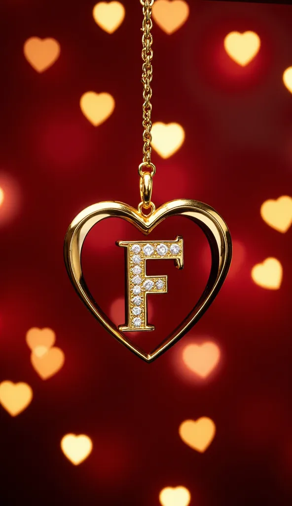 A gold pendant with a chain that has a gold and diamond heart hanging and in the center of the heart the letter F in gold and diamonds . In the background there are illuminated hearts. High resolution , 