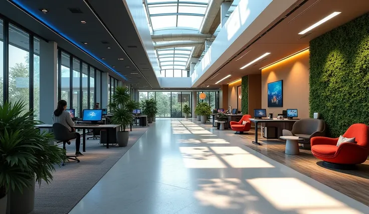 Hyper-modern open floor plan office featuring five distinct yet harmoniously connected departments, each showcasing unique design aesthetics while maintaining seamless transitions:

Create photorealistic architectural visualization of a spacious modern off...