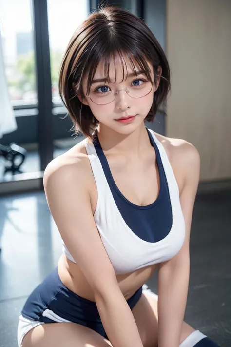 (    top quality、8k、    Award-winning work    、       super high resolution )、    beautiful women、((An image showing head to toe)) 、(Show off your perfect body in ripped Japanese gym clothes   ,     sexy cleavage :1.3)、((Glasses)) 、 perfect big boobs:1.3  ...