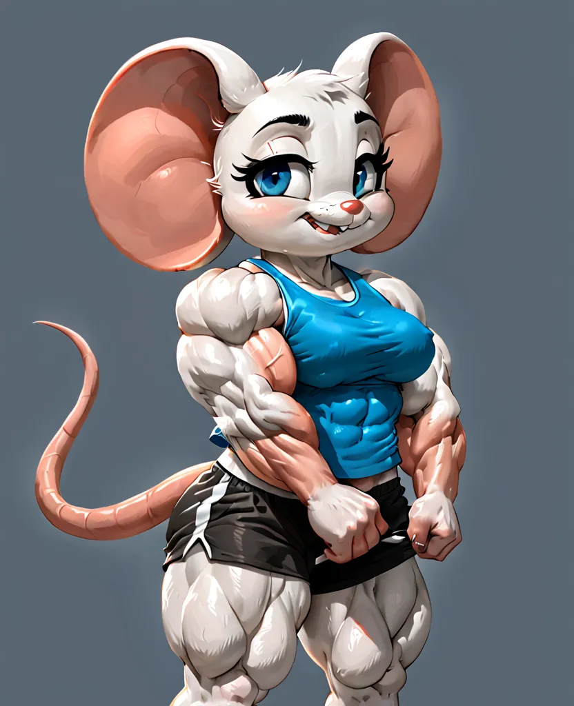 Little female mouse with very very, very, very large muscles and very very very, very huge muscles and white fur and beautiful blue eyes and she wears a short exercise shirt and sports shorts and she is very muscular and her muscles are well toned and well...