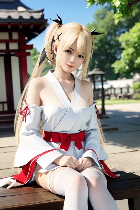 Marie rose, twin tails, blonde hair, master-piece, best quality, shrine maiden outfit, shrine maiden, white pantyhose, white stocking, slight smile, hiding hands, sitting, fully clothed, full clothes, full in clothes, not exposing skins