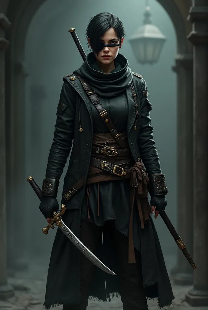 Short hair with a stern look and dressed in a warrior outfit.Draw an assassin with a black pirate mask in one eye get a sword in his hand 