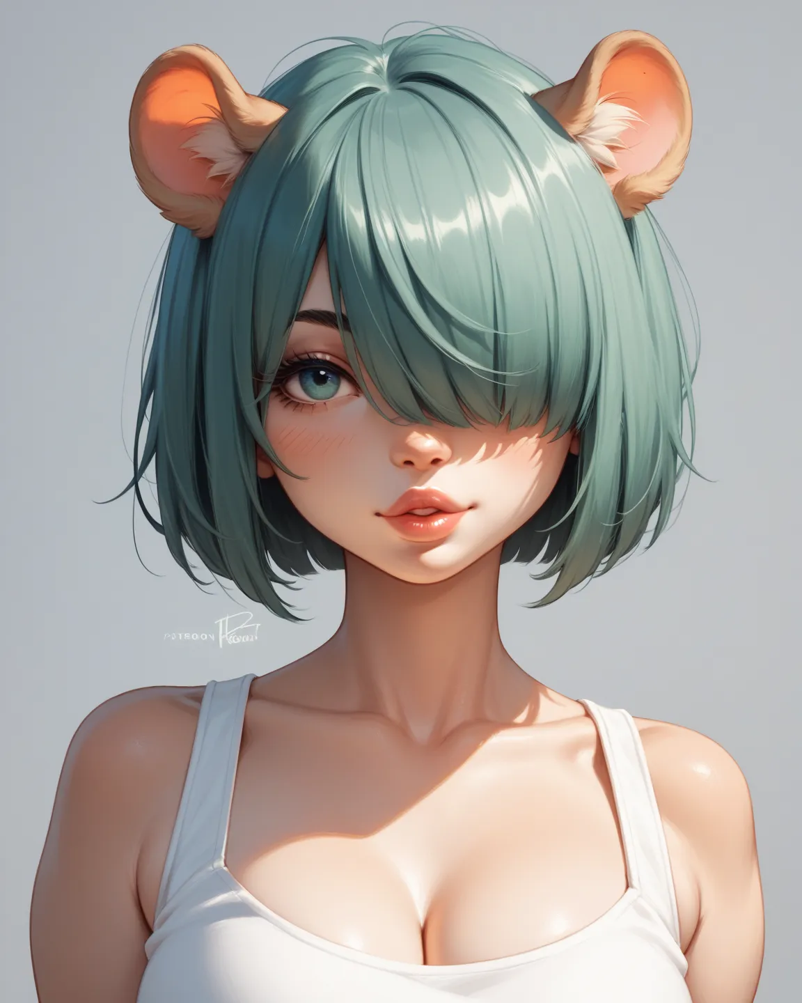 (furry hamster face:0.9), girl , (curvy:0.5), bob cut , beautiful hair over the eyes , glossy lips