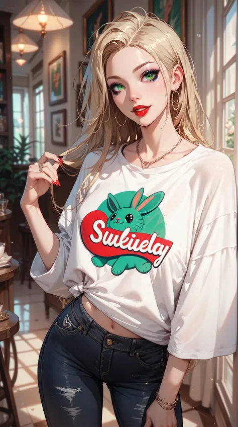 Detailed depiction of a slender blonde woman，Having green eyes，Wearing stylish high-waisted black jeans and an oversized shirt，Exuding a fashionable vibe，Light makeup with red lipstick。