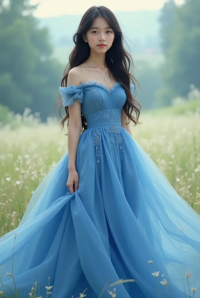 Create  a girl wear blue dress long frock
