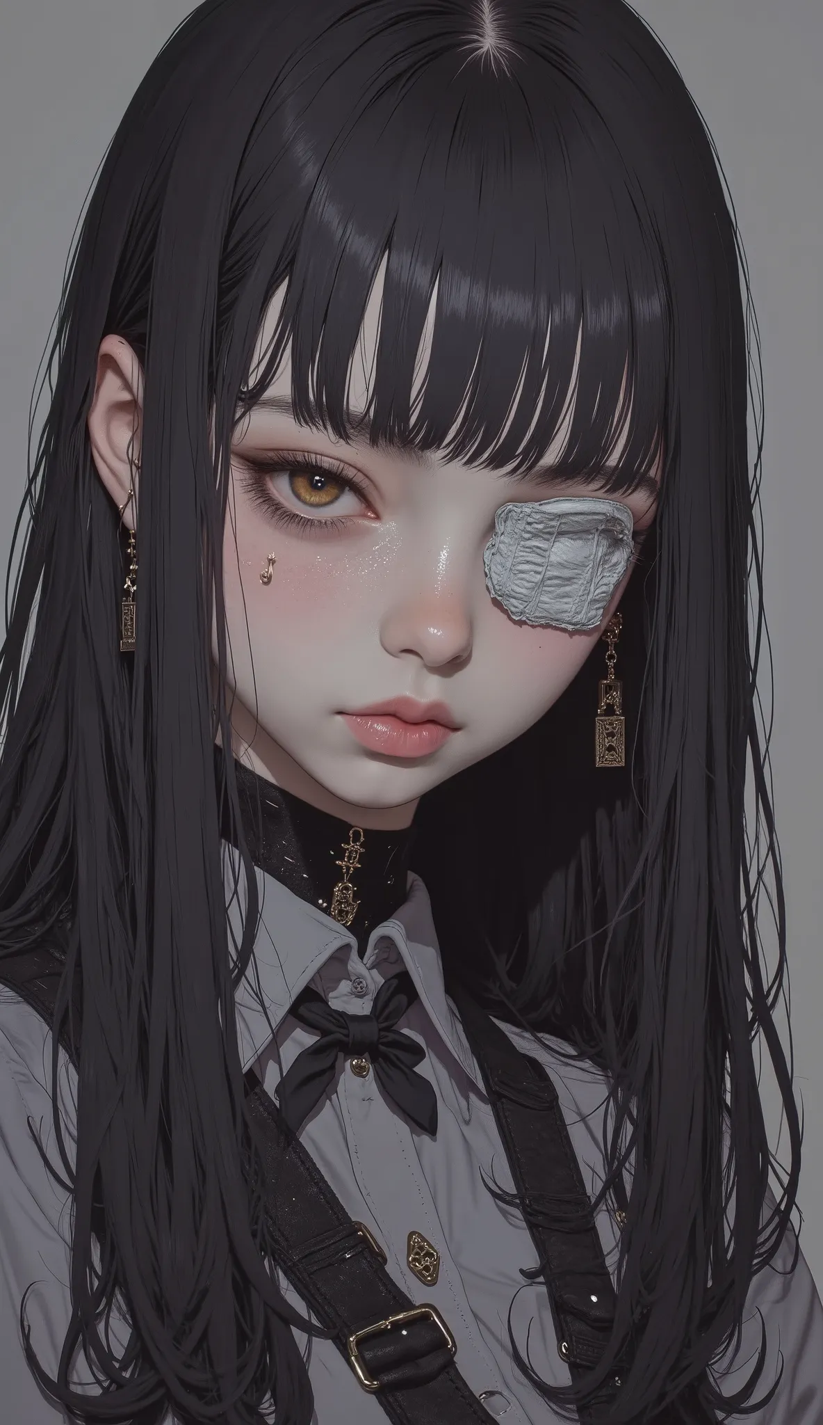  Fisheye 、Bandage on the face、An unfriendly woman with a bandage on her face,Zoom up、  Realistic Cosplay  , wearing an eyepatch, mixing anime style and Fujifilm,  anime girl cosplay, square eyepatch, 1  anime goth girl  ,  Photorealistic Anime,  hyperreali...