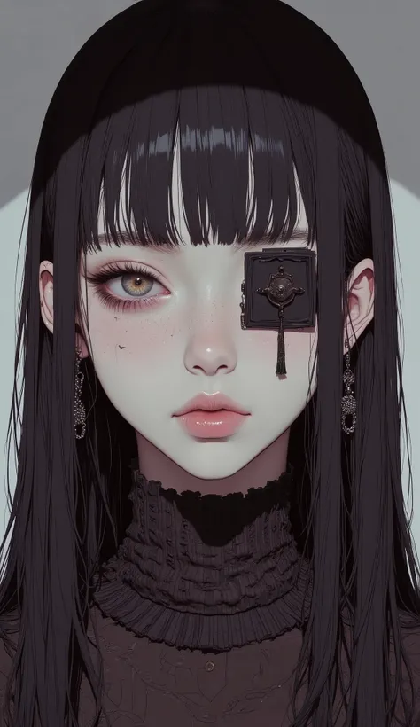  Fisheye 、Bandage on the face、An unfriendly woman with a bandage on her face,Zoom up、  Realistic Cosplay  , wearing an eyepatch, mixing anime style and Fujifilm,  anime girl cosplay, square eyepatch, 1  anime goth girl  ,  Photorealistic Anime,  hyperreali...