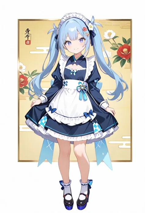 high quality high definition 8k 1 girl,Maid, light blue, twin tail hair, blue eyes, Japanese pattern, mini scalloped clothes, blue ruffles, flower hairpins, cute smile, look around and look at me, camellia and checkered pattern, full body