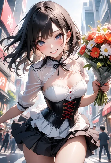 Black hair, Japanese, (Portrait), ((cropped jacket, Blouse, corset, skirt)), Shiny Costumes, (skindentation), break, skinny, alone, solo, Masterpiece, highest quality, highest quality, 16K, incredibly absurd, highly detailed, 2.5D, ai-generated, delicate a...