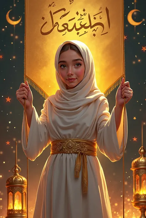 A Muslim girl wears a full Islamic dress while carrying a golden banner with a blessing written on the background with Ramadan decorations and carrying a lantern with a moon next to it