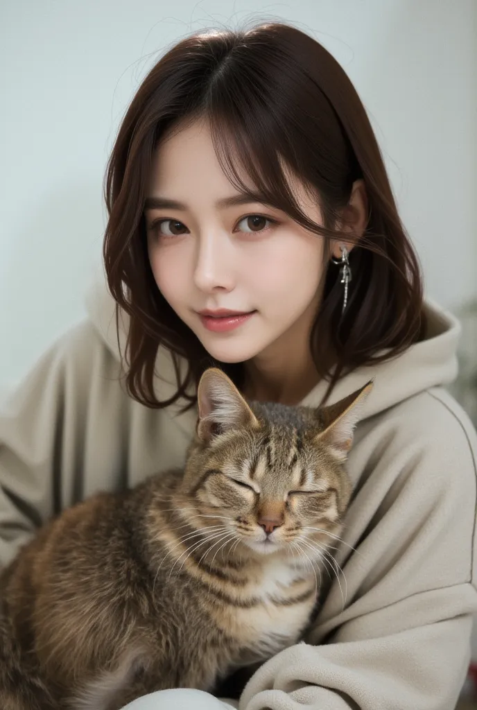 （woman holding a cat）、one large mixed-breed tabby cat、korean idol、20d, casual bob hair, rough clothes、wearing a large sweatshirt、Innocent look、beautiful face、perfect face、korean girl、cute face、beautiful face、（Drooping eyes）、Eyes a little farther away、thin ...